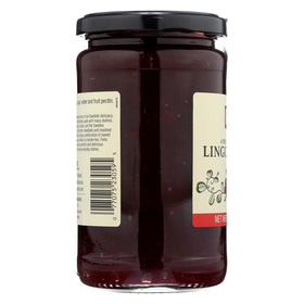 Felix lingonberry preserves jar label closeup, showcasing Swedish origin and rich fruit aroma.