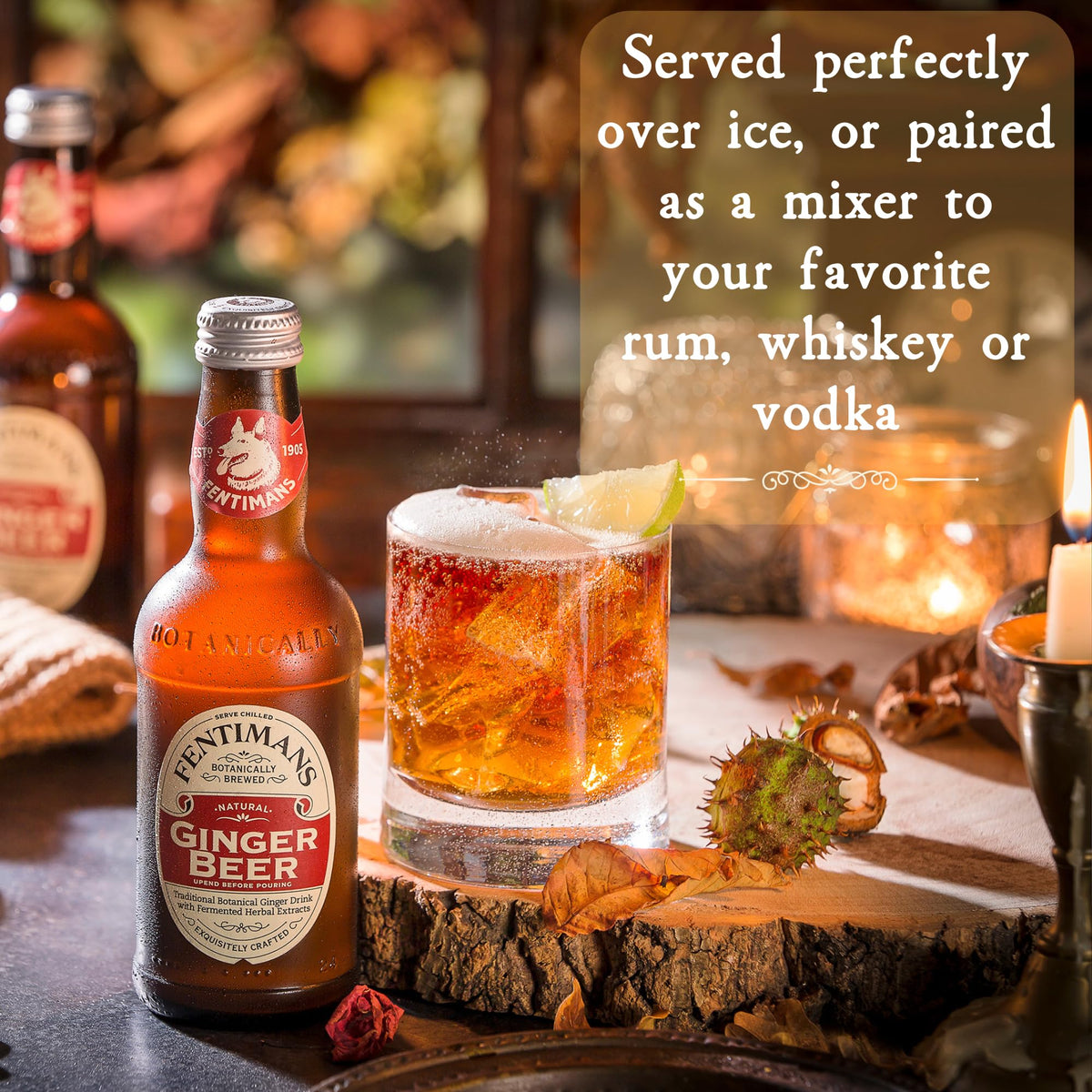 Fentimans 9.3 oz pack of four sits on a rustic table for sharing.