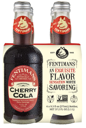 Fentimans Sparkling Cherry Cola bottle close-up showcasing craft brewing and natural ingredients.