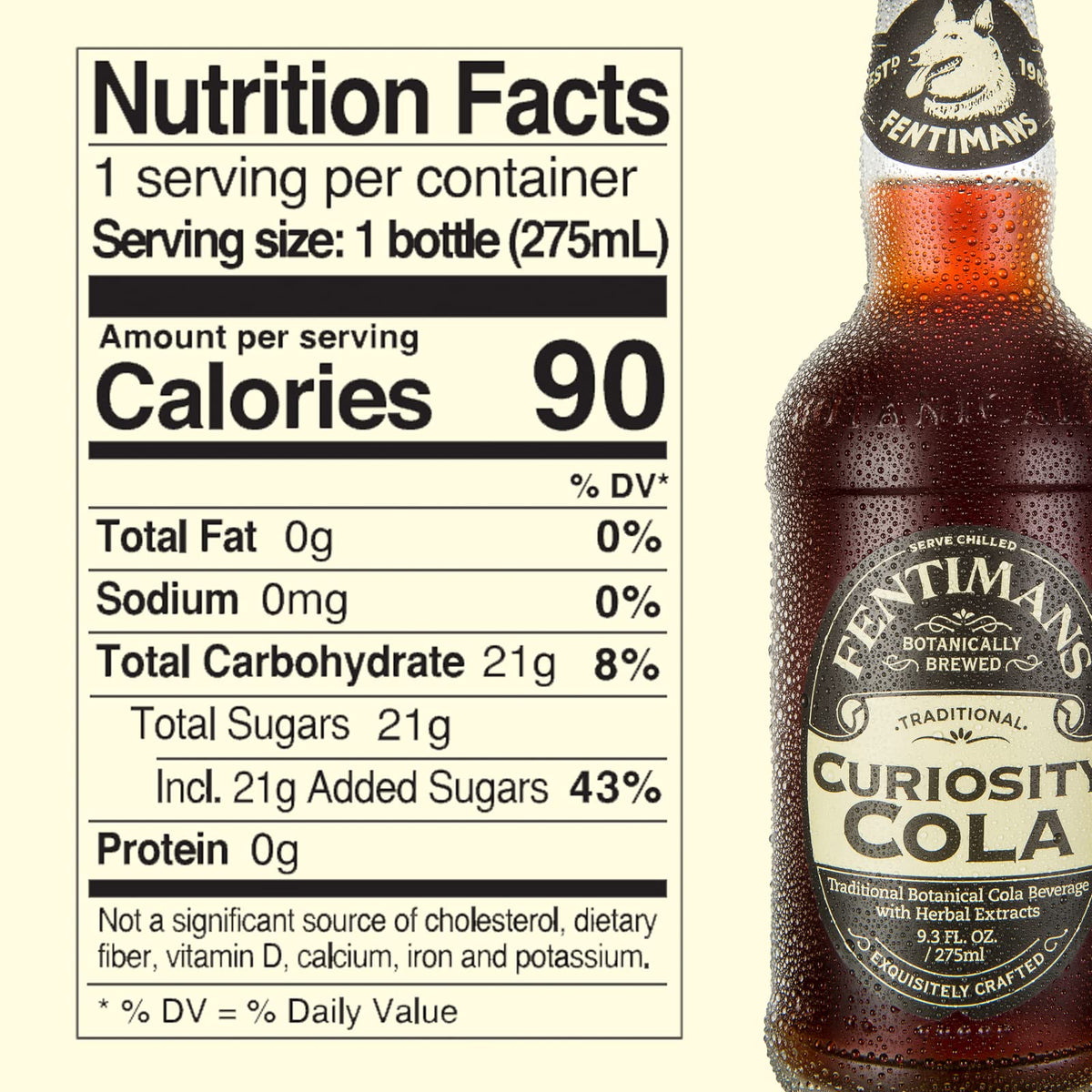 Close-up of Fentimans Sparkling Curiosity Cola bottle showing botanicals, great for flavor pairing.