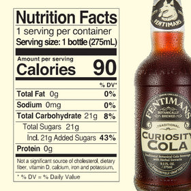 Close-up of Fentimans Sparkling Curiosity Cola bottle showing botanicals, great for flavor pairing.