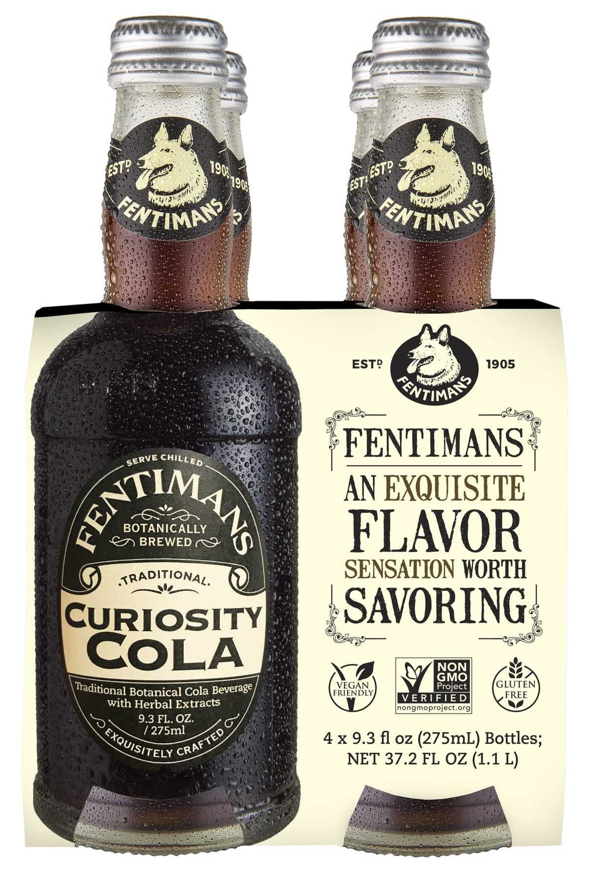 Fentimans Sparkling Curiosity Cola 4-pack on a kitchen counter, ideal for entertaining.