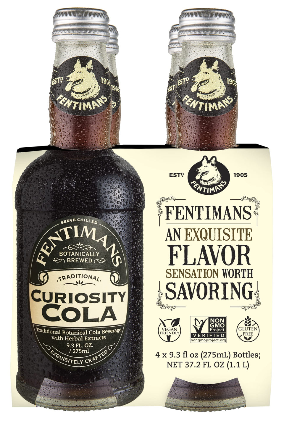 Fentimans Sparkling Curiosity Cola 4-pack on a kitchen counter, ideal for entertaining.