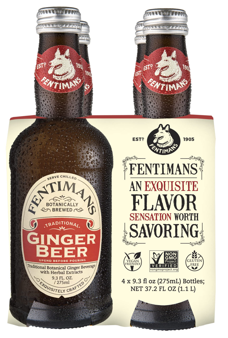 Fentimans Sparkling Ginger Beer bottle showcases premium botanicals and natural ingredients.