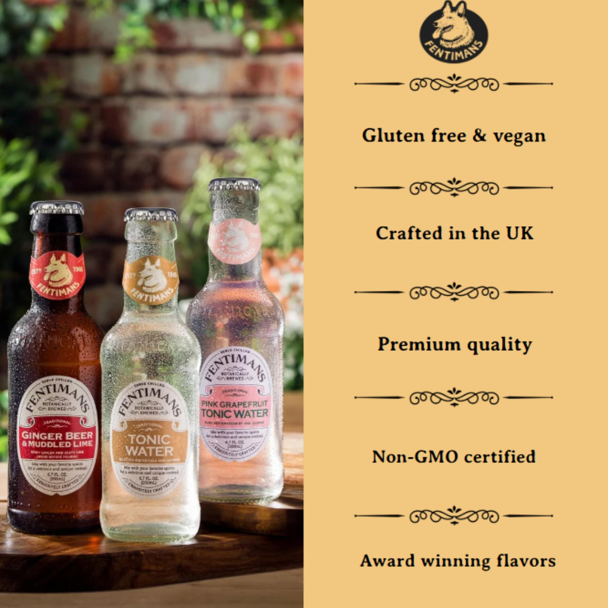 Close-up of Fentimans label featuring rose oil and natural ingredients