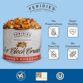 Feridies 5 O'Clock Crunch crackers close-up; crisp cheddar bites and honey sweetness.