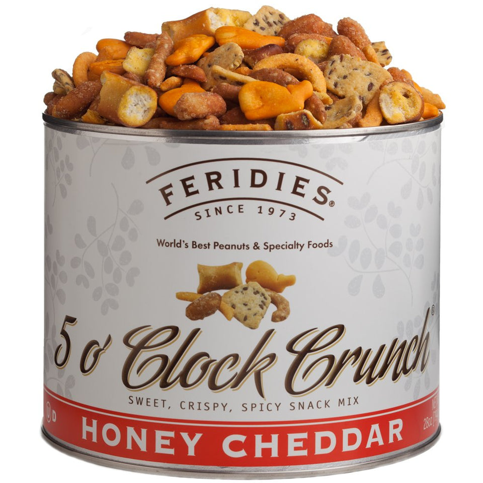 Feridies 5 O'Clock Crunch Honey Cheddar Mix in tin; savory snack for gatherings.