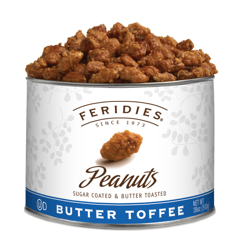 FERIDIES Butter Toffee Peanuts in a tin, cholesterol-free and all-natural snack.