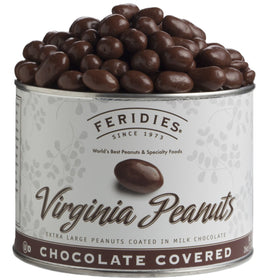 FERIDIES chocolatey covered Virginia peanuts in a 26oz tin for sharing and flavor.