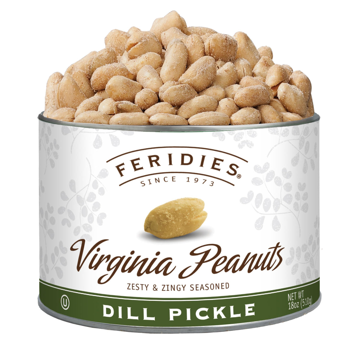 FERIDIES Dill Pickle Virginia Peanuts in an 18oz tin, tangy gourmet snack.