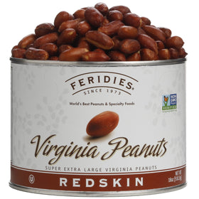 Feridies extra-large redskin Virginia peanuts in a can, ideal for on-the-go snacking.