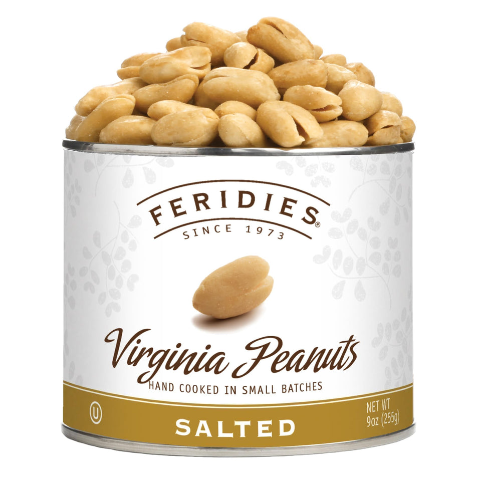 FERIDIES extra-large salted Virginia peanuts in a 9 oz can, ideal for snacking.