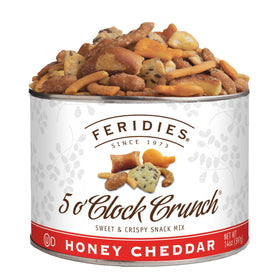 FERIDIES Five O'Clock Crunch Honey Cheddar Snack Mix can on shelf, premium snack option.