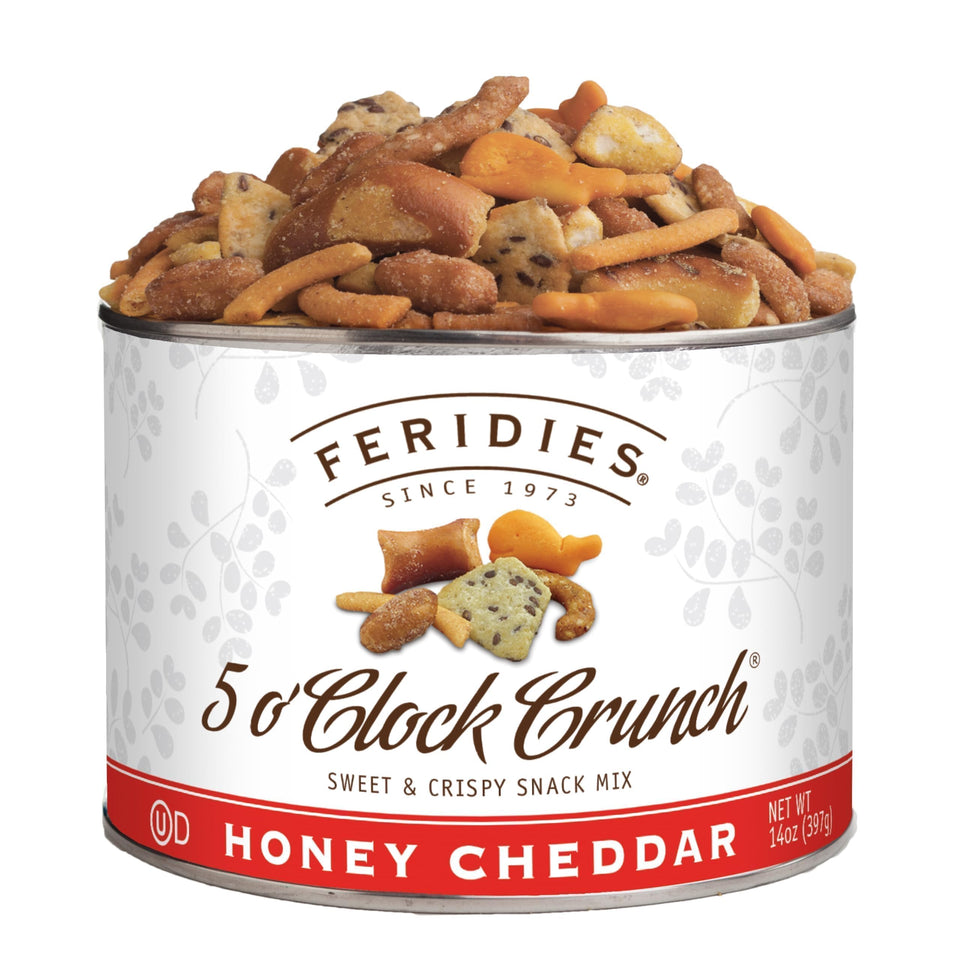 FERIDIES Five O'Clock Crunch Honey Cheddar Snack Mix can on shelf, premium snack option.