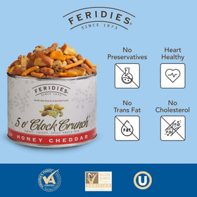FERIDIES Five O'Clock Crunch Honey Cheddar Snack Mix Virginia peanuts close-up, hearty protein.