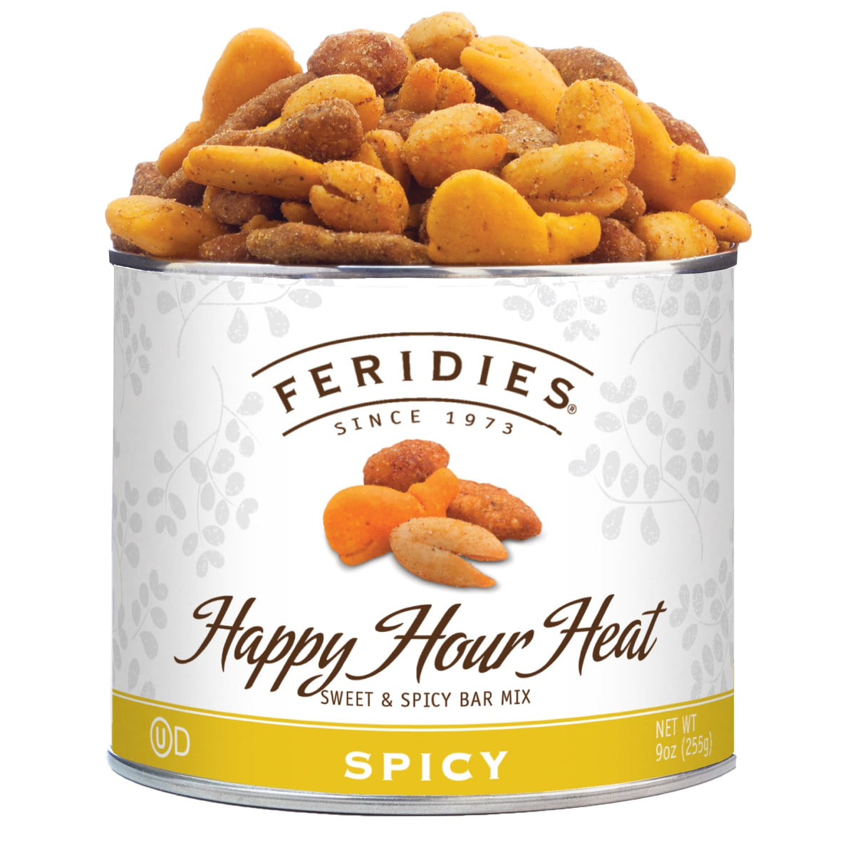 FERIDIES Happy Hour Heat can—premium Virginia peanuts for bold snacking.