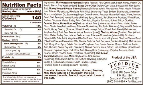 Feridies Honey Cheddar 5 O'Clock Crunch close-up shows peanuts and crunchy bits, protein-rich snack.
