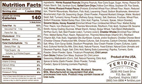 Feridies Honey Cheddar 5 O'Clock Crunch close-up shows peanuts and crunchy bits, protein-rich snack.