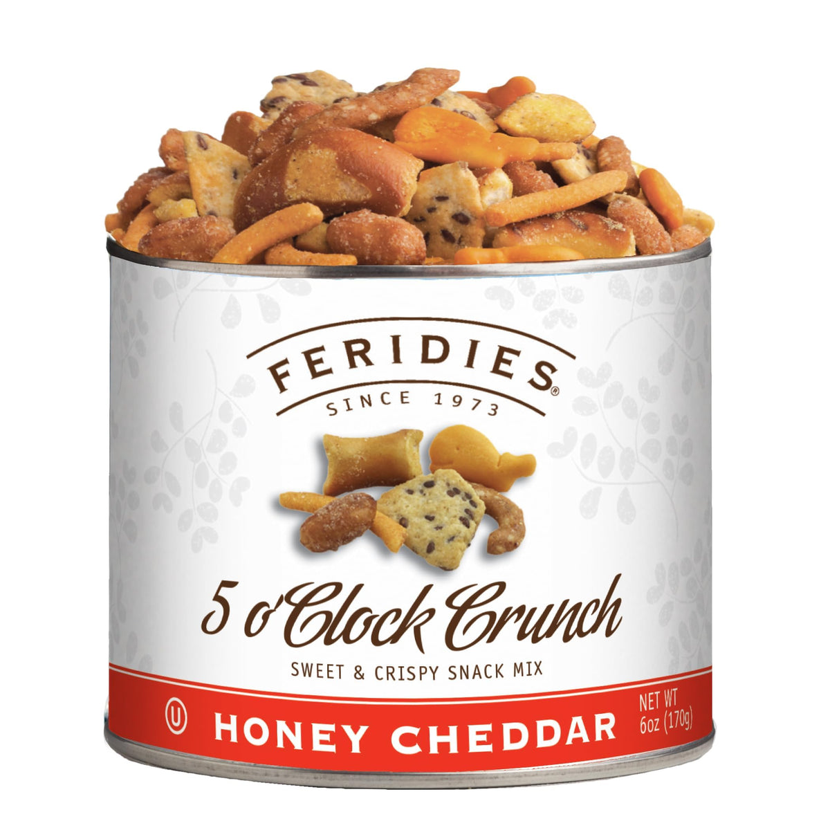 Feridies Honey Cheddar 5 O'Clock Crunch tin front, ideal for on-the-go snacking.