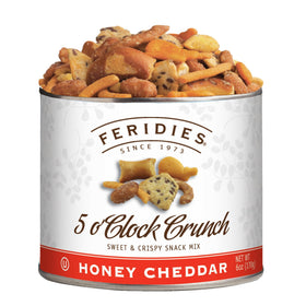 Feridies Honey Cheddar 5 O'Clock Crunch tin front, ideal for on-the-go snacking.