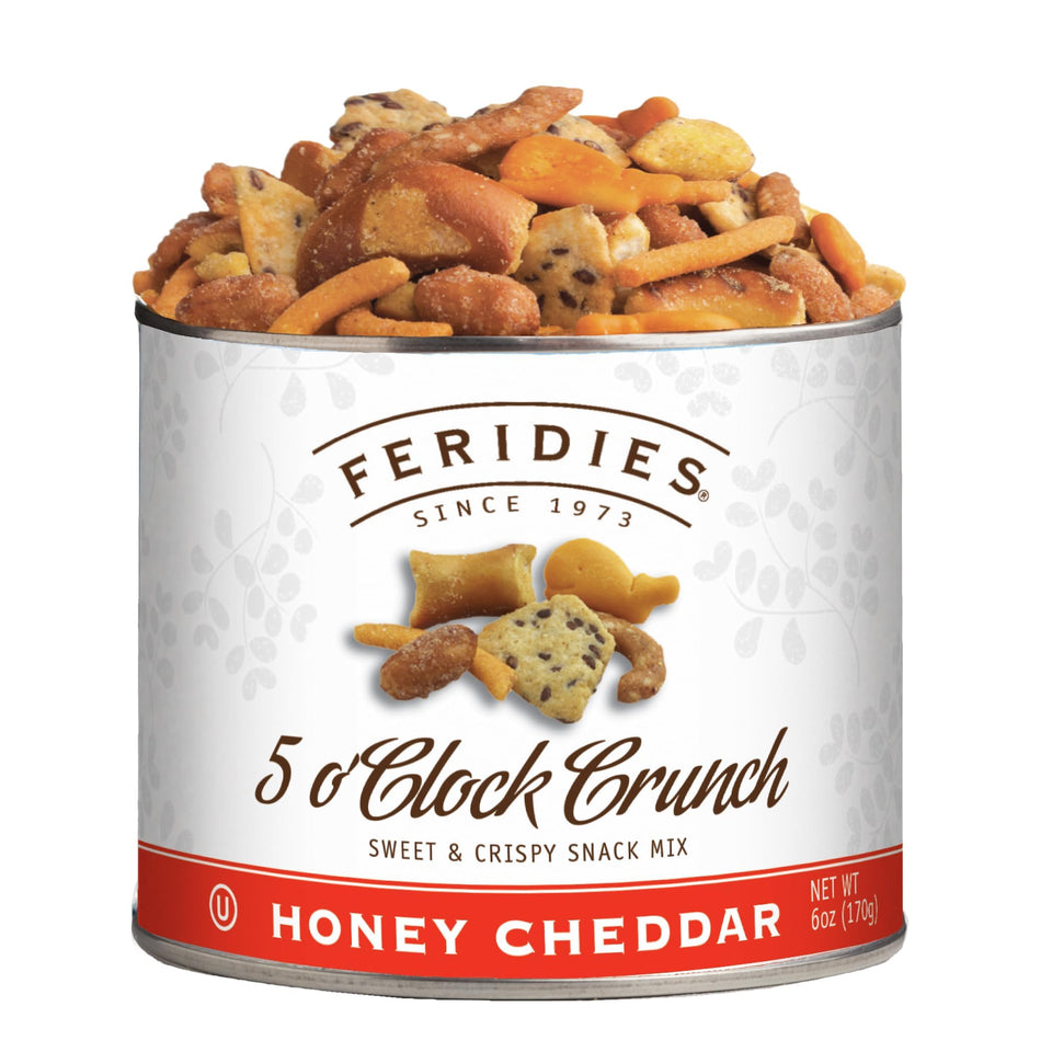 Feridies Honey Cheddar 5 O'Clock Crunch tin front, ideal for on-the-go snacking.