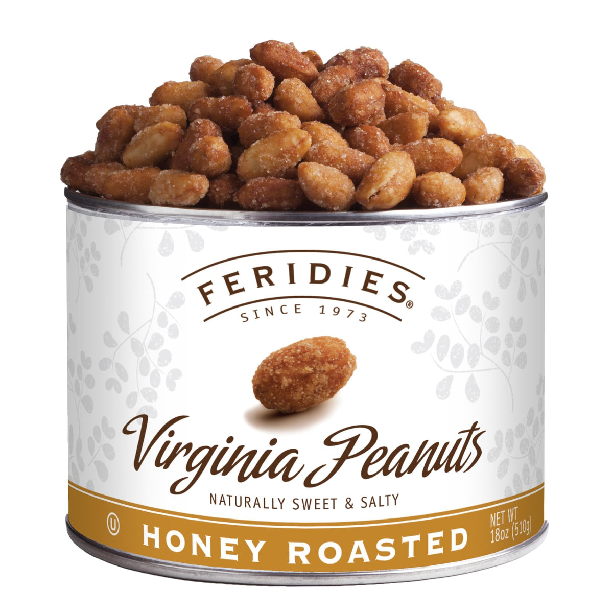 FERIDIES Honey Roasted Virginia Peanuts in 18oz can, perfect for gifting or gatherings.
