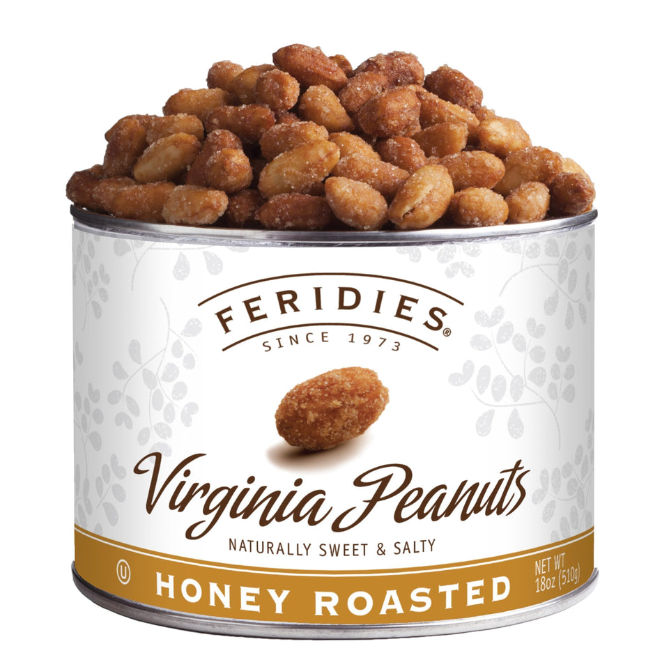FERIDIES Honey Roasted Virginia Peanuts in 18oz can, perfect for gifting or gatherings.