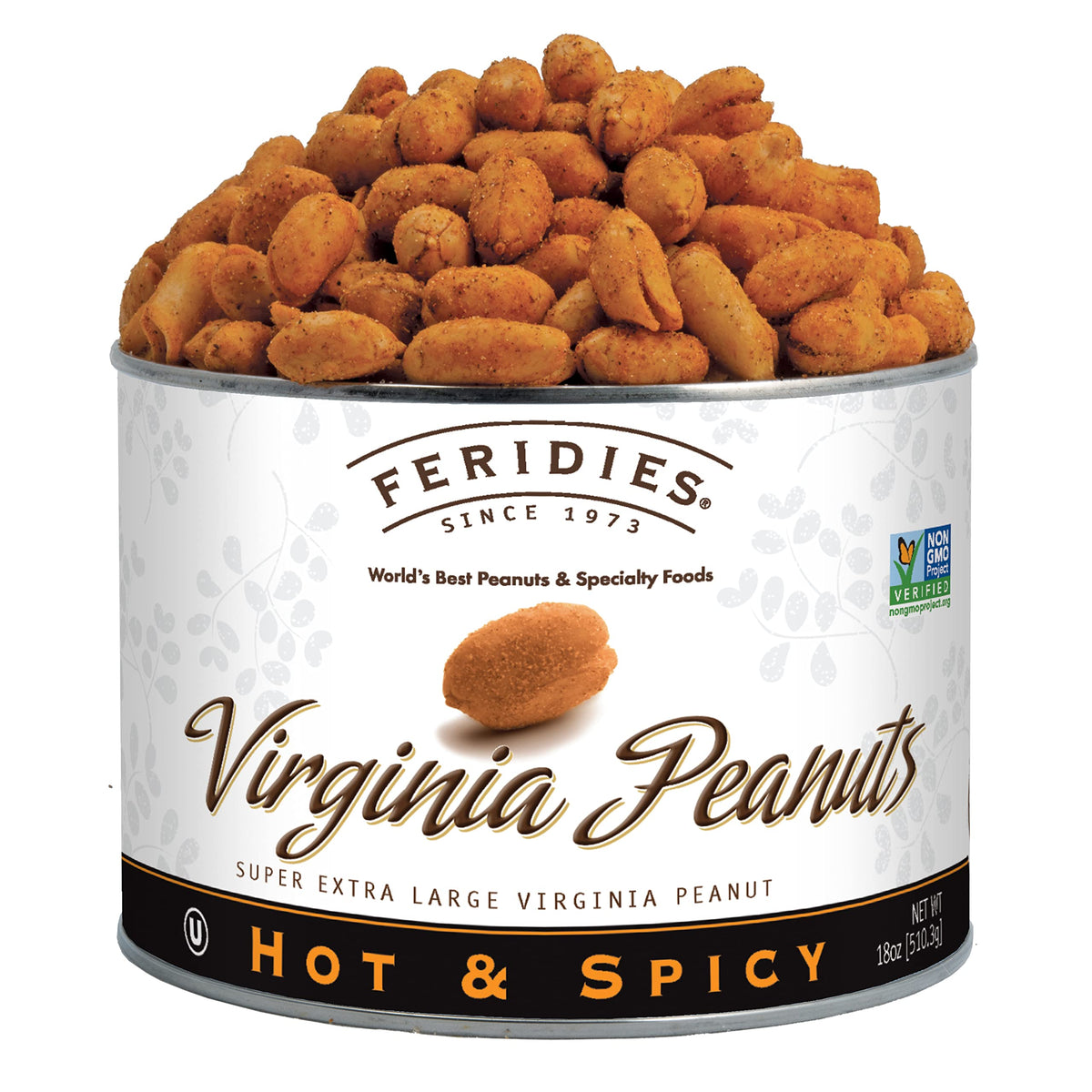 FERIDIES hot and spicy Virginia peanuts in a can, bold on-the-go snack