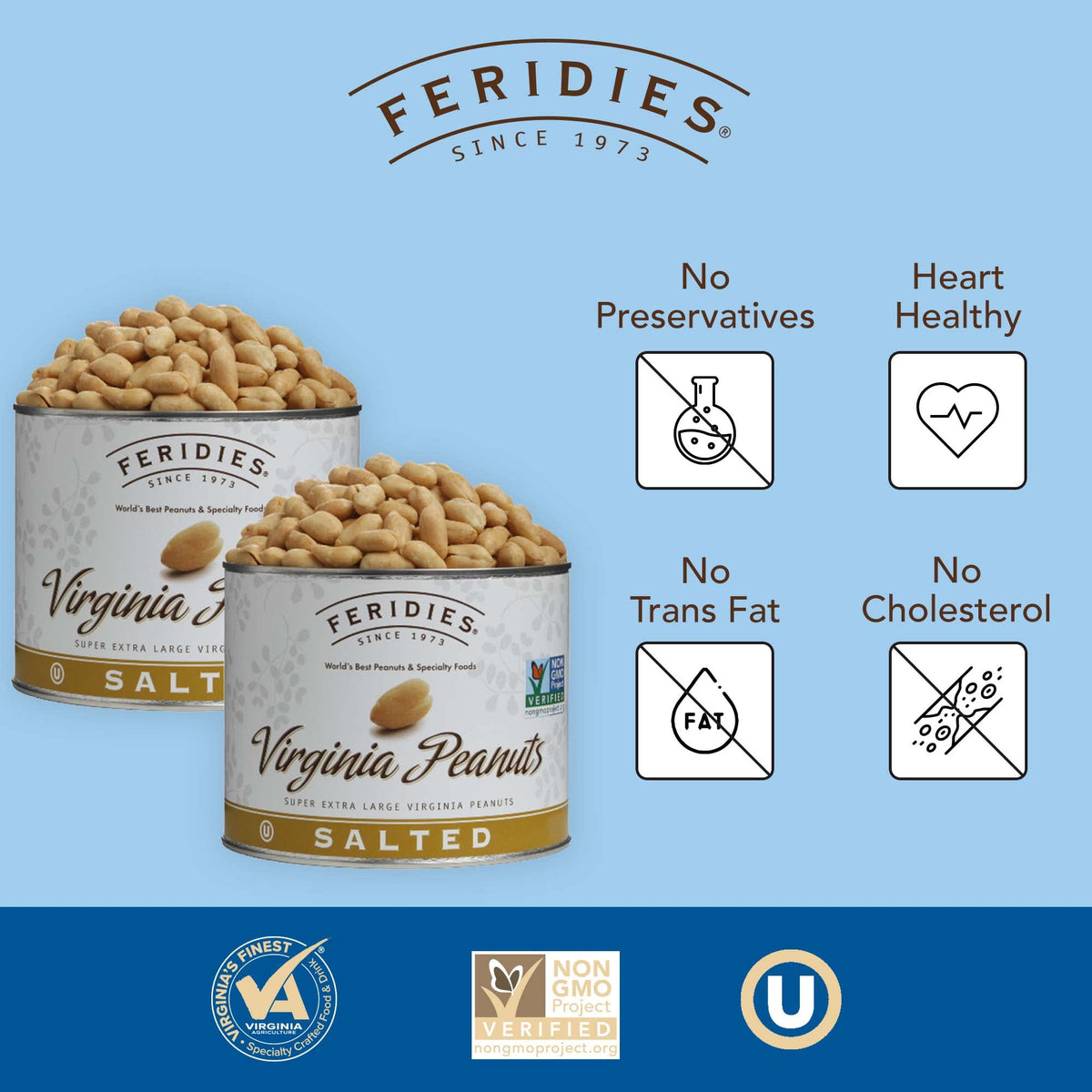 FERIDIES largest 2 percent Virginia peanuts close-up highlighting rich crunch.
