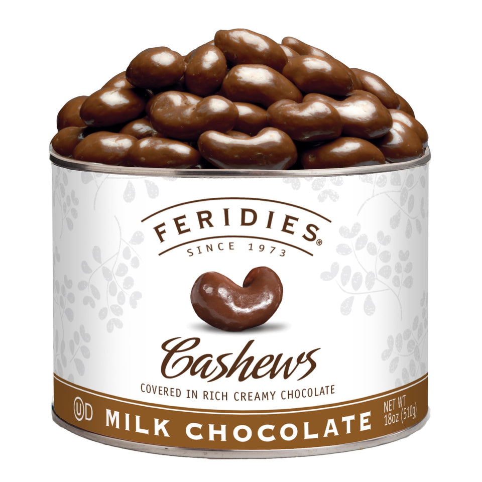 FERIDIES milk chocolate covered cashews in an 18oz vacuum tin, premium snack for gifting
