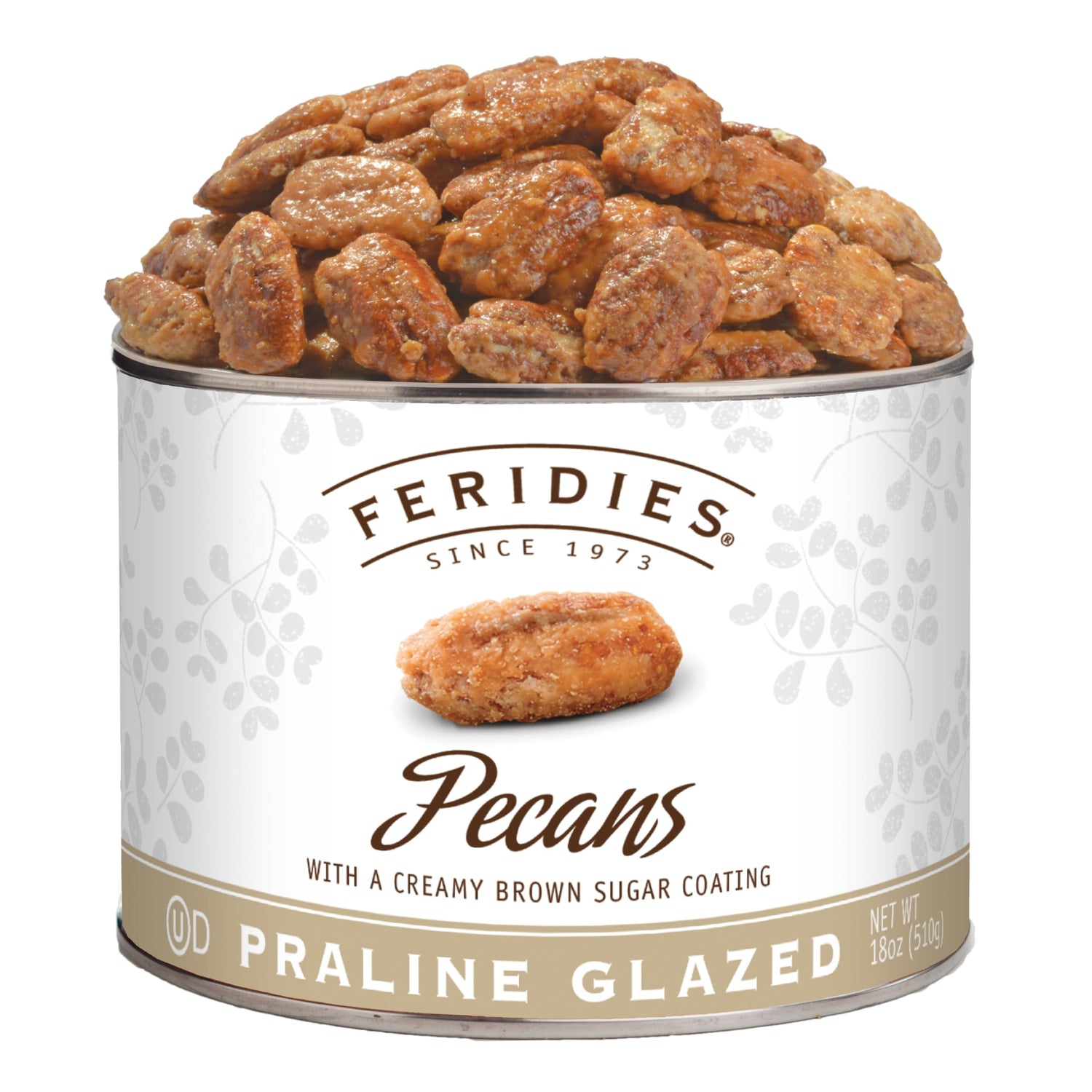 FERIDIES praline pecans in a vacuum tin for fresh, ready-to-serve snacking.
