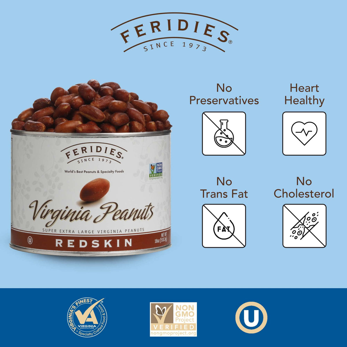Feridies roasted Virginia peanuts close-up, rich aroma and crunch.