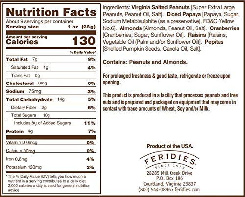 FERIDIES Rt. 58 trail mix close-up of nuts and fruits; natural flavors appeal.