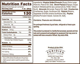 FERIDIES Rt. 58 trail mix close-up of nuts and fruits; natural flavors appeal.