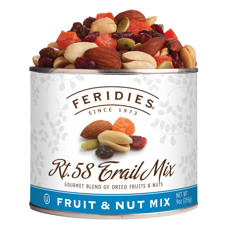 FERIDIES Rt. 58 trail mix tin front view; perfect for on-the-go snacking.