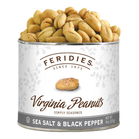 FERIDIES salt and pepper peanuts can close-up, convenient on-the-go snack with bold flavor.