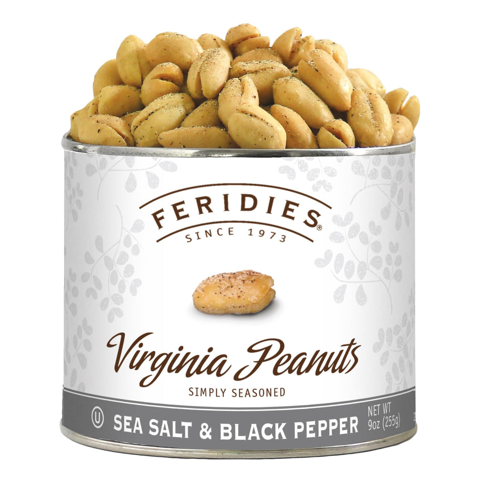 FERIDIES salt and pepper peanuts can close-up, convenient on-the-go snack with bold flavor.