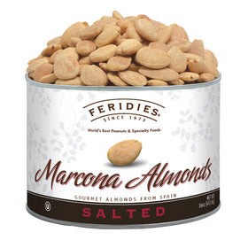 FERIDIES salted Spanish Marcona almonds in a can showcasing resealable packaging for fresh snacking.