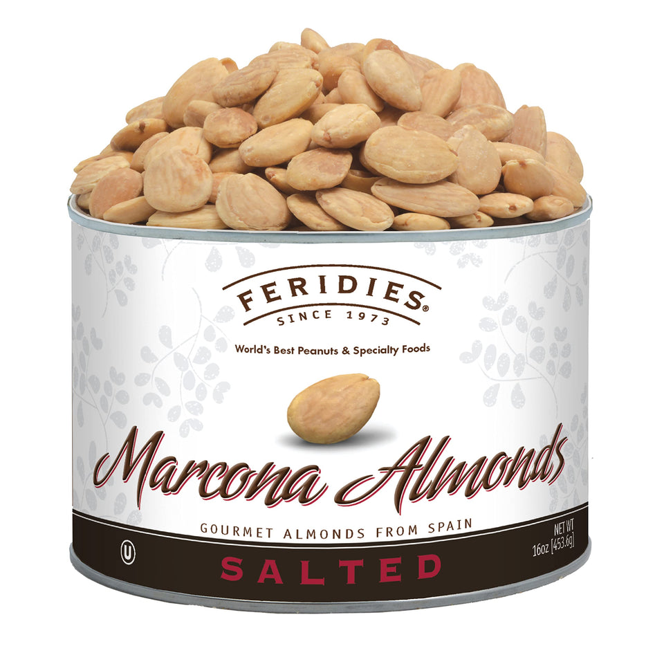 FERIDIES salted Spanish Marcona almonds in a can showcasing resealable packaging for fresh snacking.