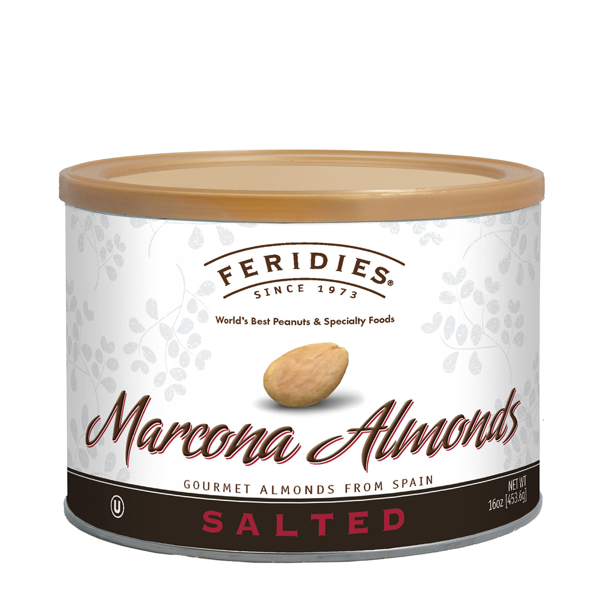 FERIDIES salted Marcona almonds close-up highlighting buttery texture and sea salt for gourmet snacking.
