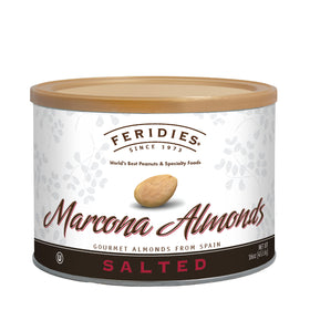 FERIDIES salted Marcona almonds close-up highlighting buttery texture and sea salt for gourmet snacking.