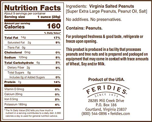 FERIDIES Virginia peanuts in a packaged can, convenient for office snacking.