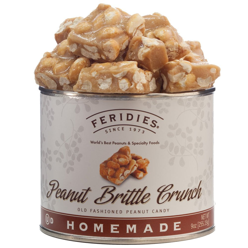 FERIDIES Virginia's Finest Peanut Brittle Crunch can for premium snacking with extra large Virginia peanuts.