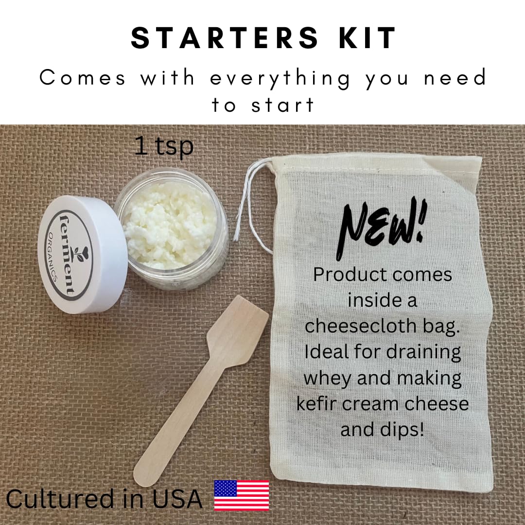 Ferment Organics kefir starter kit with utensils for immediate kefir culture.