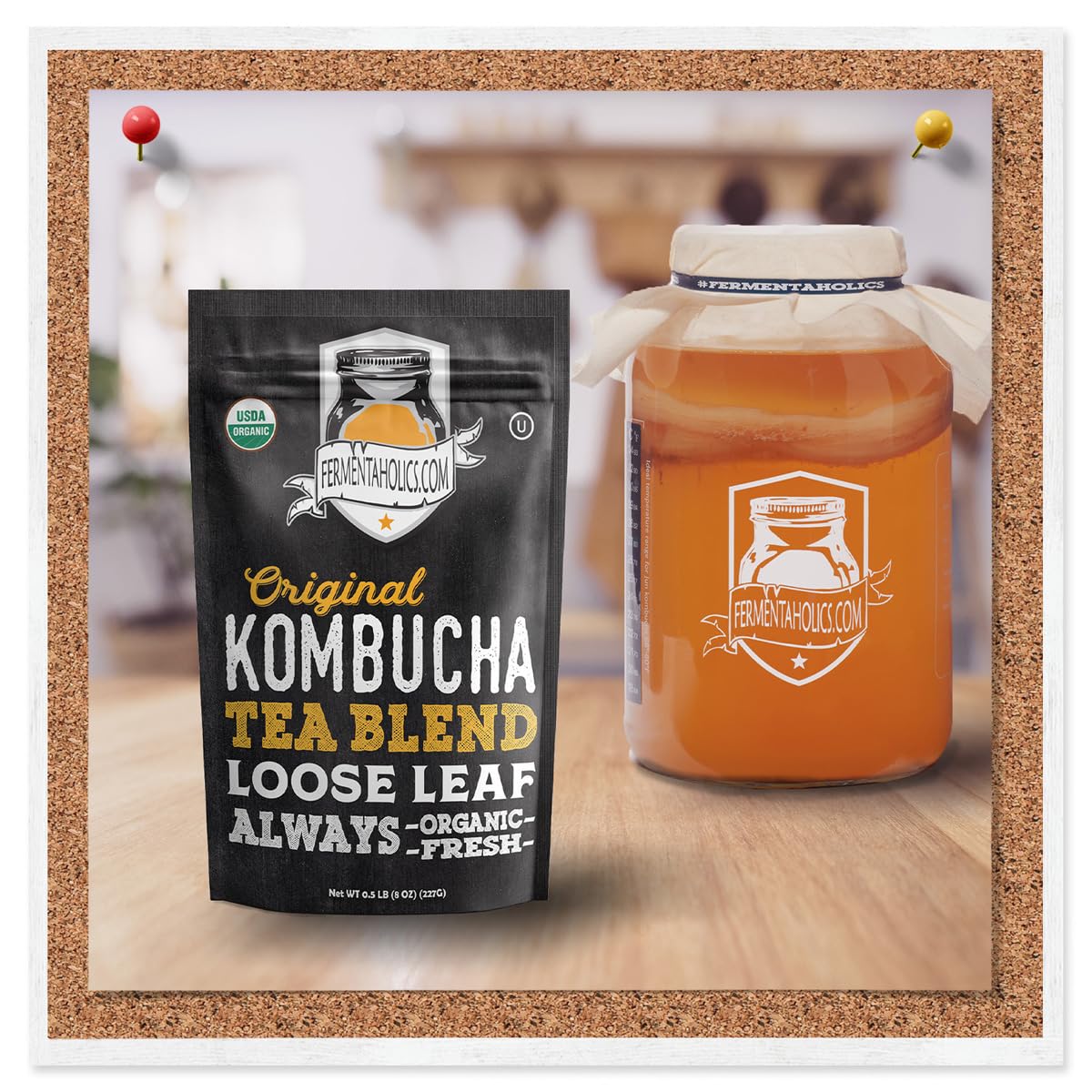 Home kombucha setup with Fermentaholics blend and glass jar.