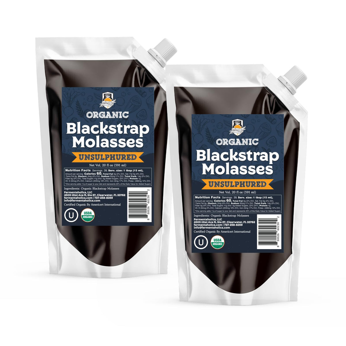 Fermentaholics Organic Blackstrap Molasses 20 oz pouch ready for easy measuring.