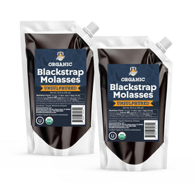 Fermentaholics Organic Blackstrap Molasses 20 oz pouch ready for easy measuring.