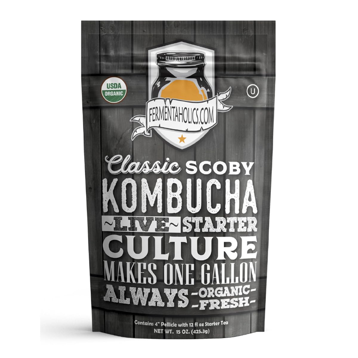 Fermentaholics organic kombucha SCOBY with starter tea ready to kick off a 1-gallon batch