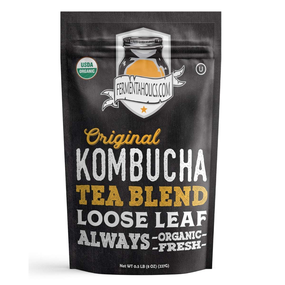 Fermentaholics organic kombucha tea blend on the 8oz pouch front for easy brewing
