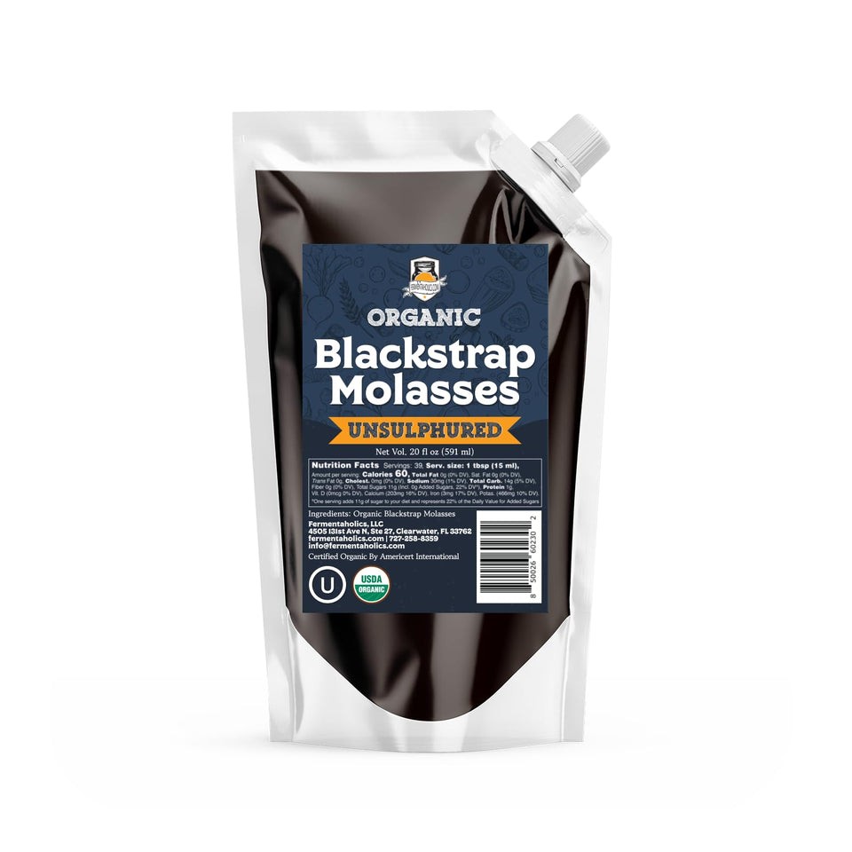 Fermentaholics molasses 20oz pouch with spout, easy measuring for baking and fermentation.